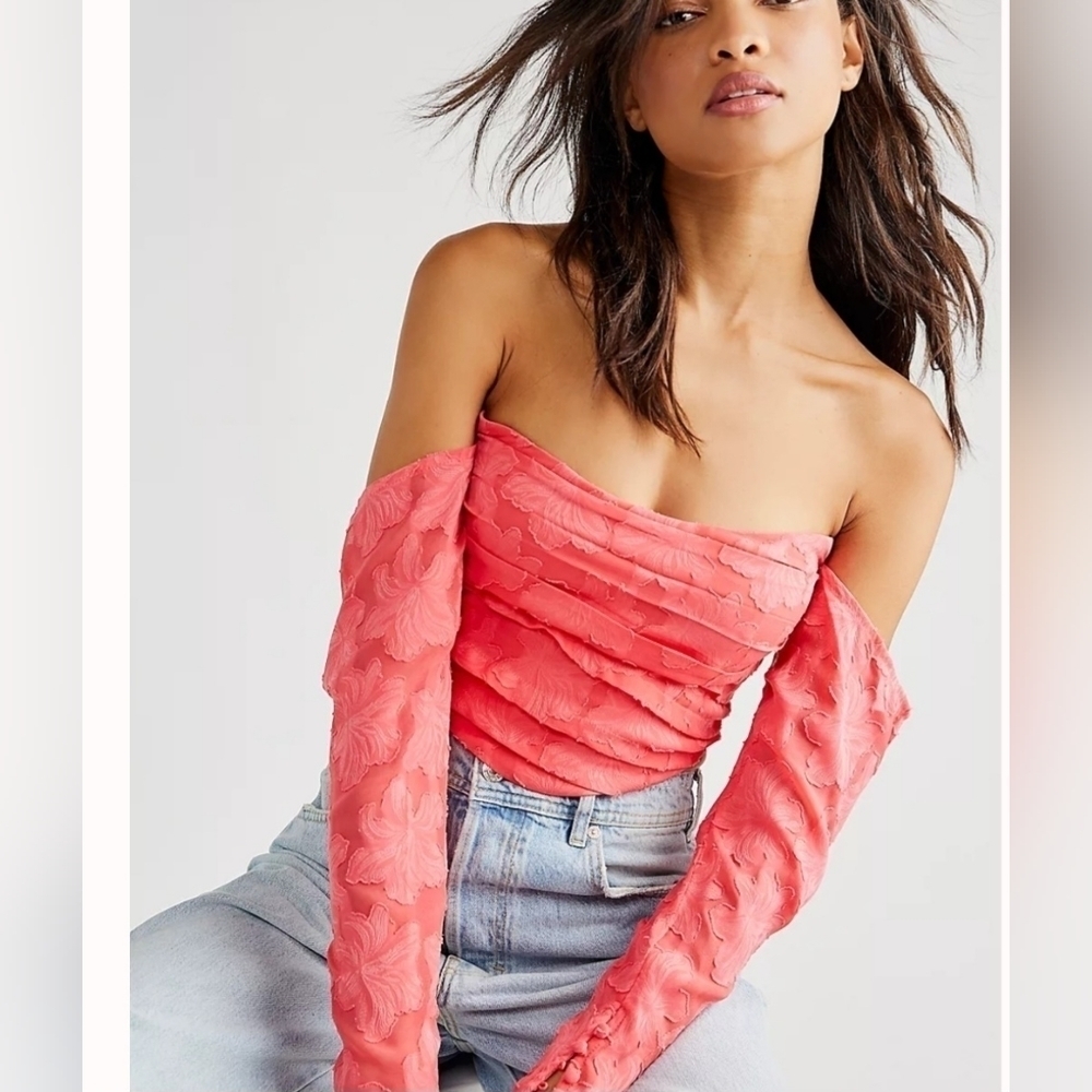Free People Bella Corset Cropped Top Off Shoulder  Sleeves XS